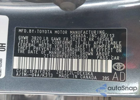 2014 Toyota Corolla S Plus from USA, damaged, VIN 2T1BURHE8EC005090